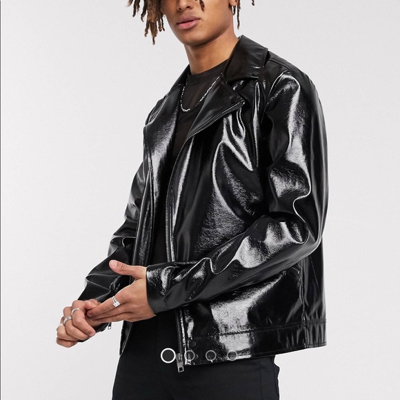 ASOS Biker Jacket in shine black faux leather - Picture 1 of 5